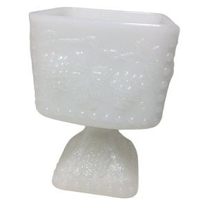 Pretty Milk Glass Cube Vase with Pedestal & Pretty Grape Pattern Design